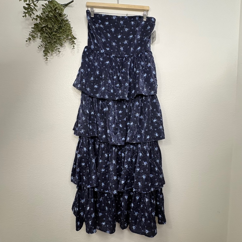 Altar'd State Navy Blue Floral Strapless Tiered Maxi Dress - Picture 3 of 11